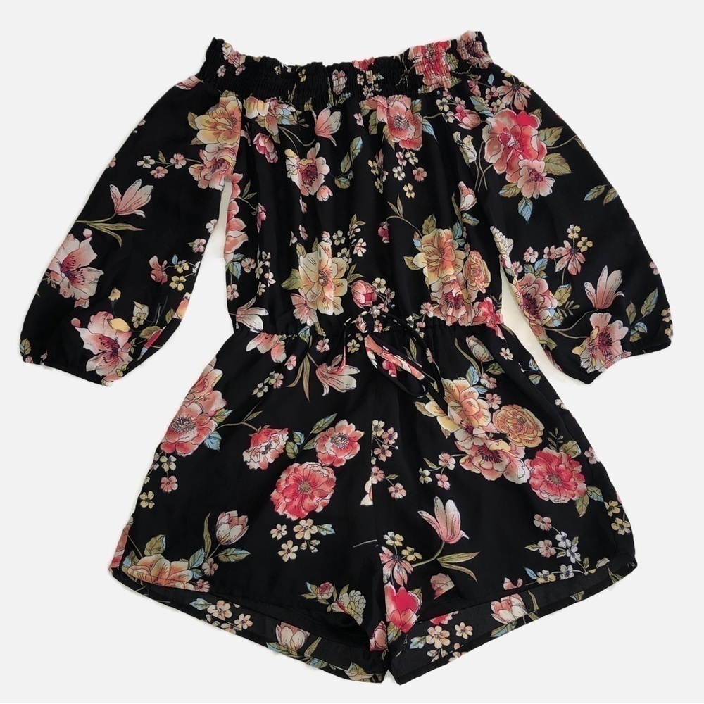 Romper Off Shoulder Small Black Floral Active USA Elastic Waist Tie Front